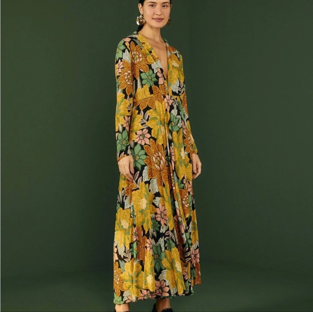EUC Farm Rio Long Sleeve Maxi Dress Black Garden Floral Size XL - Picture 2 of 14